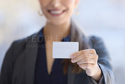 Buy stock photo Happy woman, hands and advertising with business card for career opportunity or job information at office. Closeup of female person, employee or blank page of paper in marketing service at workplace 