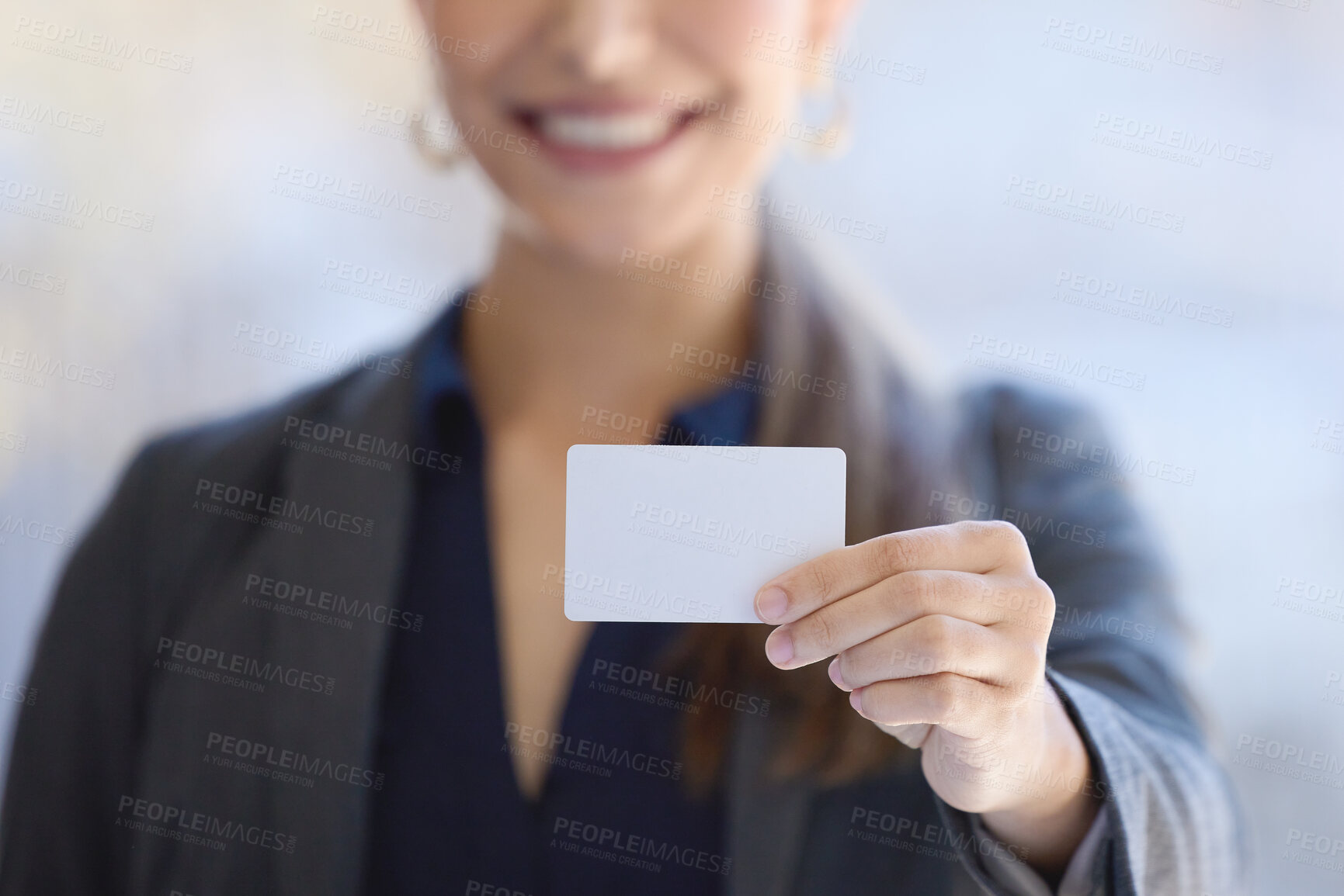 Buy stock photo Happy woman, hands and advertising with business card for career opportunity or job information at office. Closeup of female person, employee or blank page of paper in marketing service at workplace 