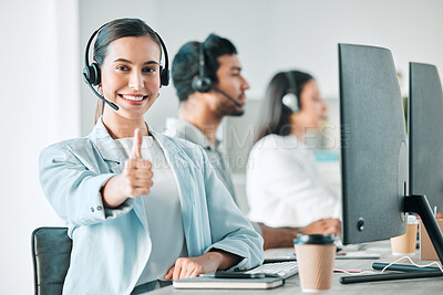Buy stock photo Young woman, thumbs up and call center portrait with smile for agreement, review or yes for customer service. Girl, telemarketing agent and emoji for deal, success and happy at tech support help desk