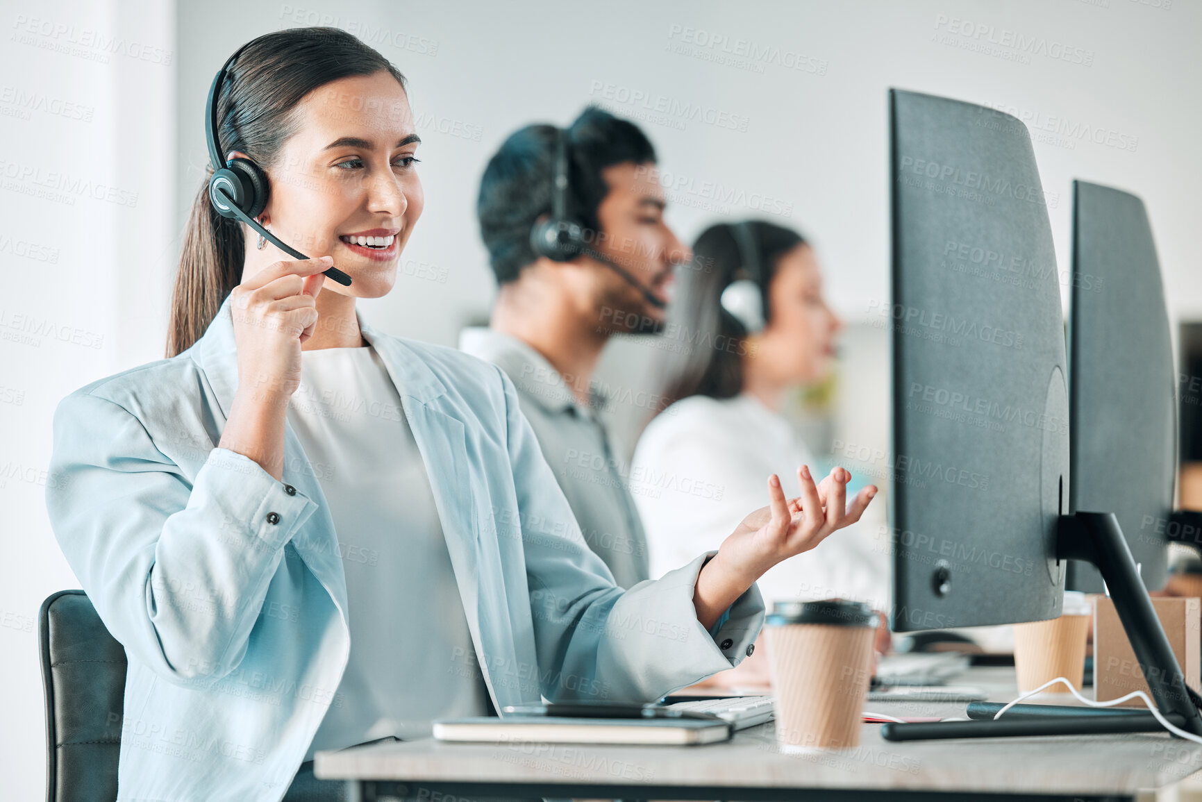 Buy stock photo Call center, computer and woman in telemarketing office for assistance, communication or help. Desk, headset and smile with employee at work for customer service or support as virtual assistant