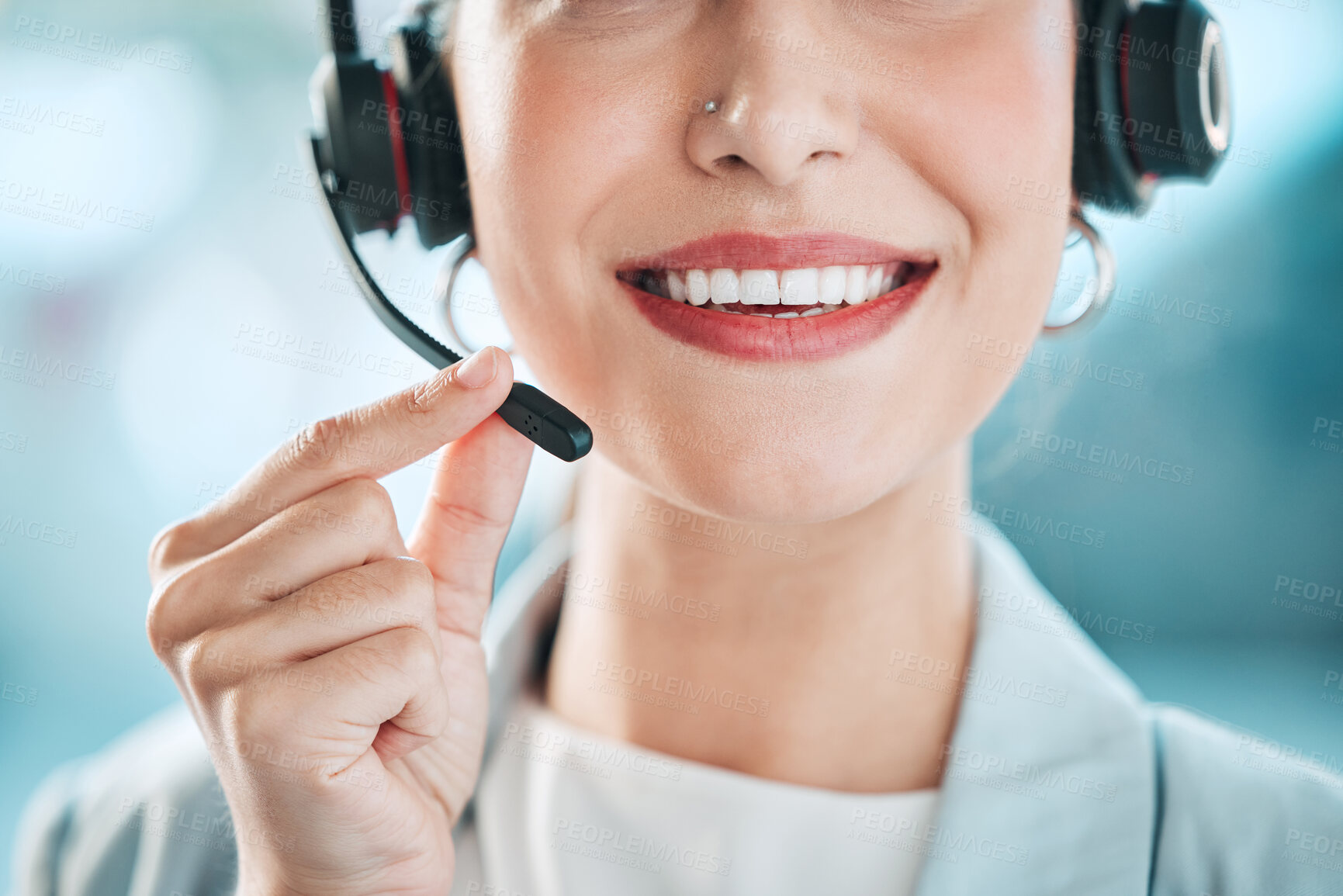 Buy stock photo Closeup, customer service and woman with headset, mouth and call center with microphone. Person, smile and insurance consultant with headphones, tech support and helpline for advice and telemarketing