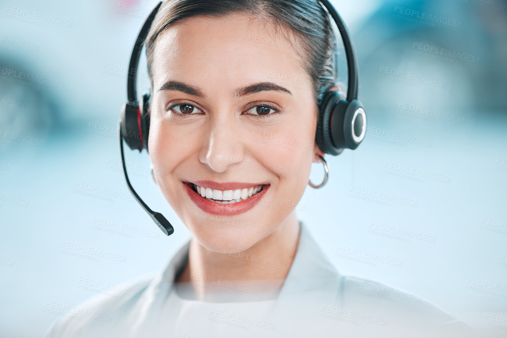 Buy stock photo Portrait, telemarketing and woman with headset, help desk and call center with customer service. Person, smile and insurance consultant with headphones, tech support for advice, face and microphone