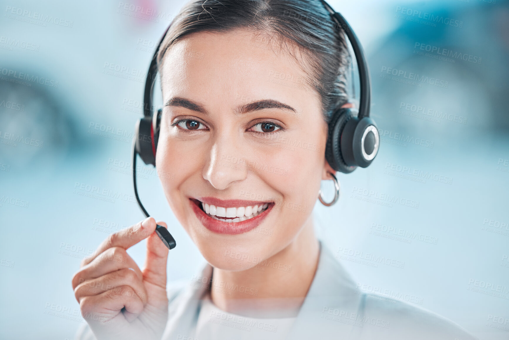 Buy stock photo Portrait, telemarketing and woman with headset, call center with friendly service, smile and agent. Happy person, face and insurance consultant with headphones, tech support and help desk for advice