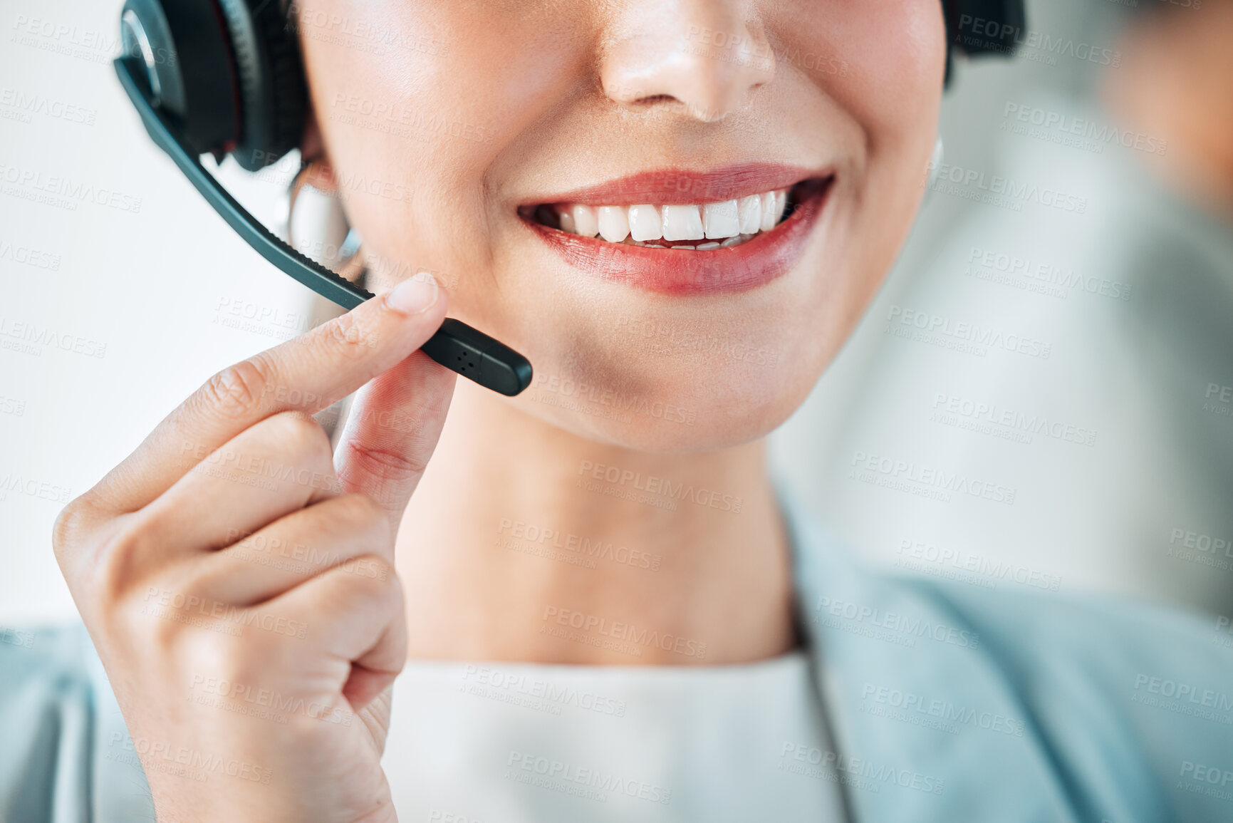 Buy stock photo Closeup shot of an unrecognisable businesswoman wearing a headset while working in a call centre