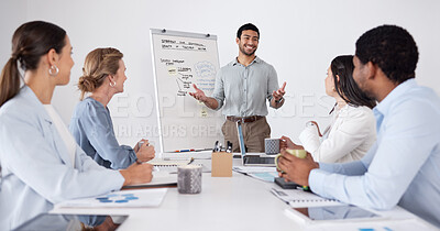 Buy stock photo Meeting, talking and Asian man with a presentation for business people and planning. Smile, team and a manager with employees in a training workshop with a strategy, coaching or teaching sales