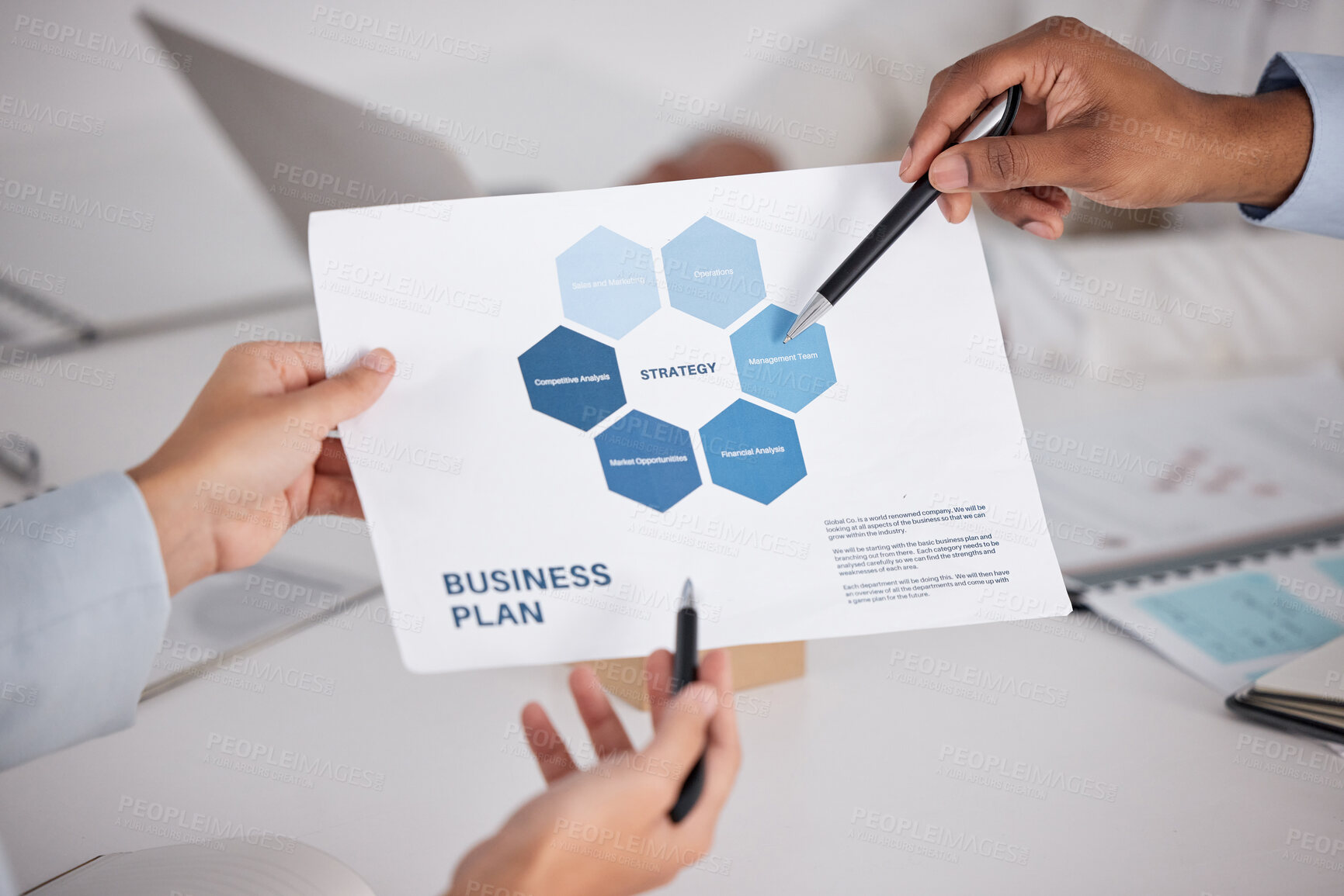 Buy stock photo Paper, people or hands with business plan in meeting for funding in office for scaling ideas, teamwork or process. Documents, investor or entrepreneur with strategy, discussion or company statistics