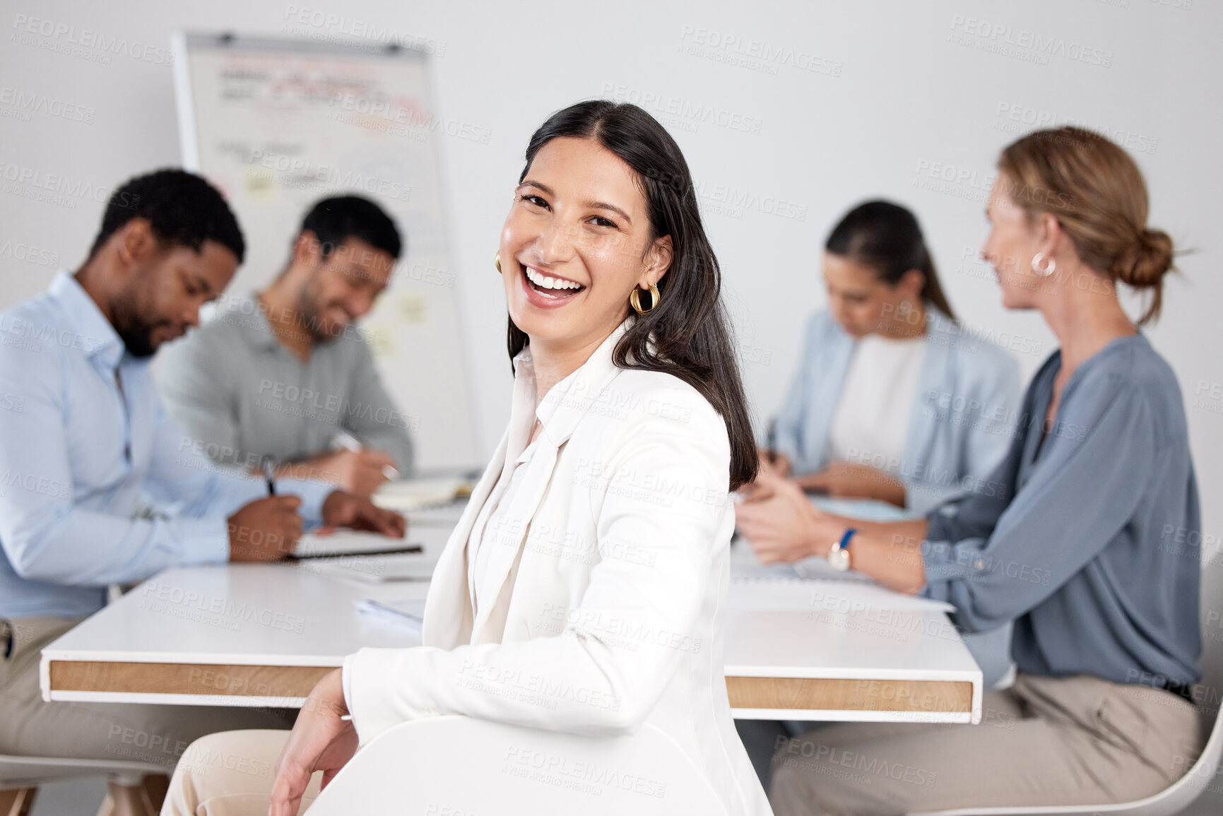 Buy stock photo Portrait, business people or happy woman in meeting for laughing, teamwork or collaboration for project. Shareholders, investor or program coordinator in discussion for feedback, review or about us