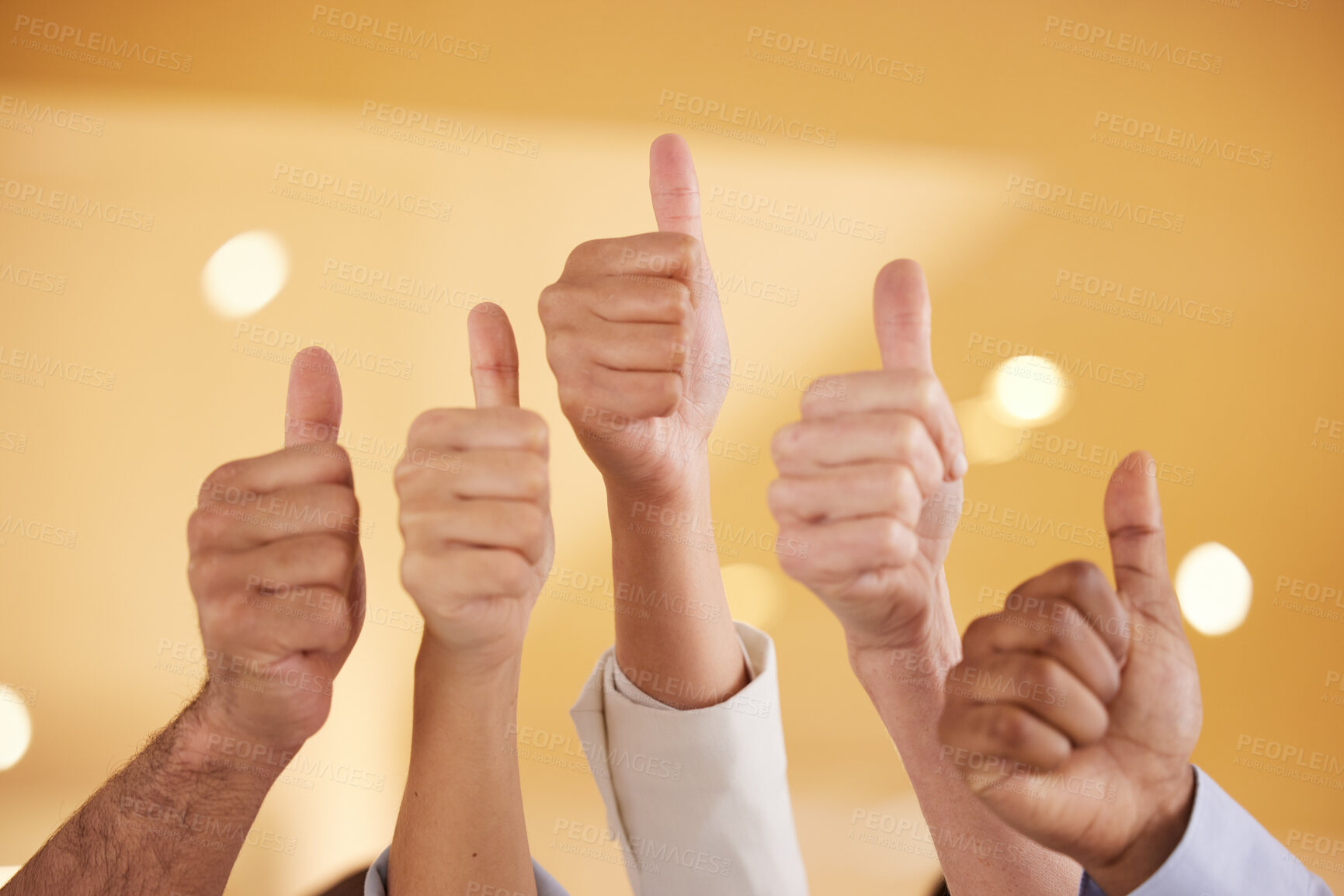 Buy stock photo Thumbs up, business team and closeup for support, vote or thank you in office together. Like, hand gesture and group of people show sign for agreement, feedback review or emoji to celebrate good job