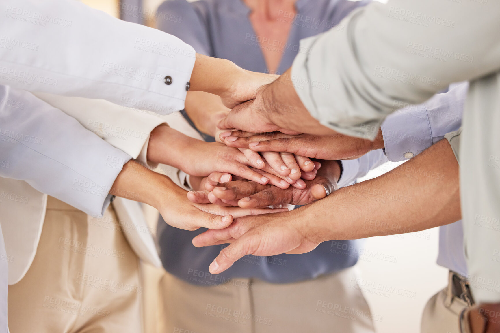 Buy stock photo Hands, stack and diversity in office for business, team building and people for project. Collaboration, partnership and support for workforce or group with achievement and agreement in workplace 