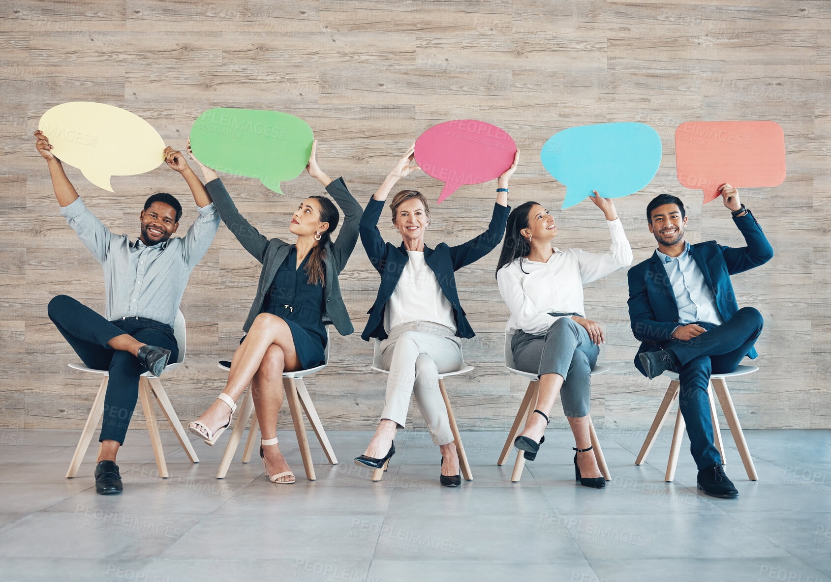 Buy stock photo Speech bubble, waiting and group of business people in office with mockup space for recruitment. Line, interview and corporate hiring candidates with board or sign for career opportunity in workplace