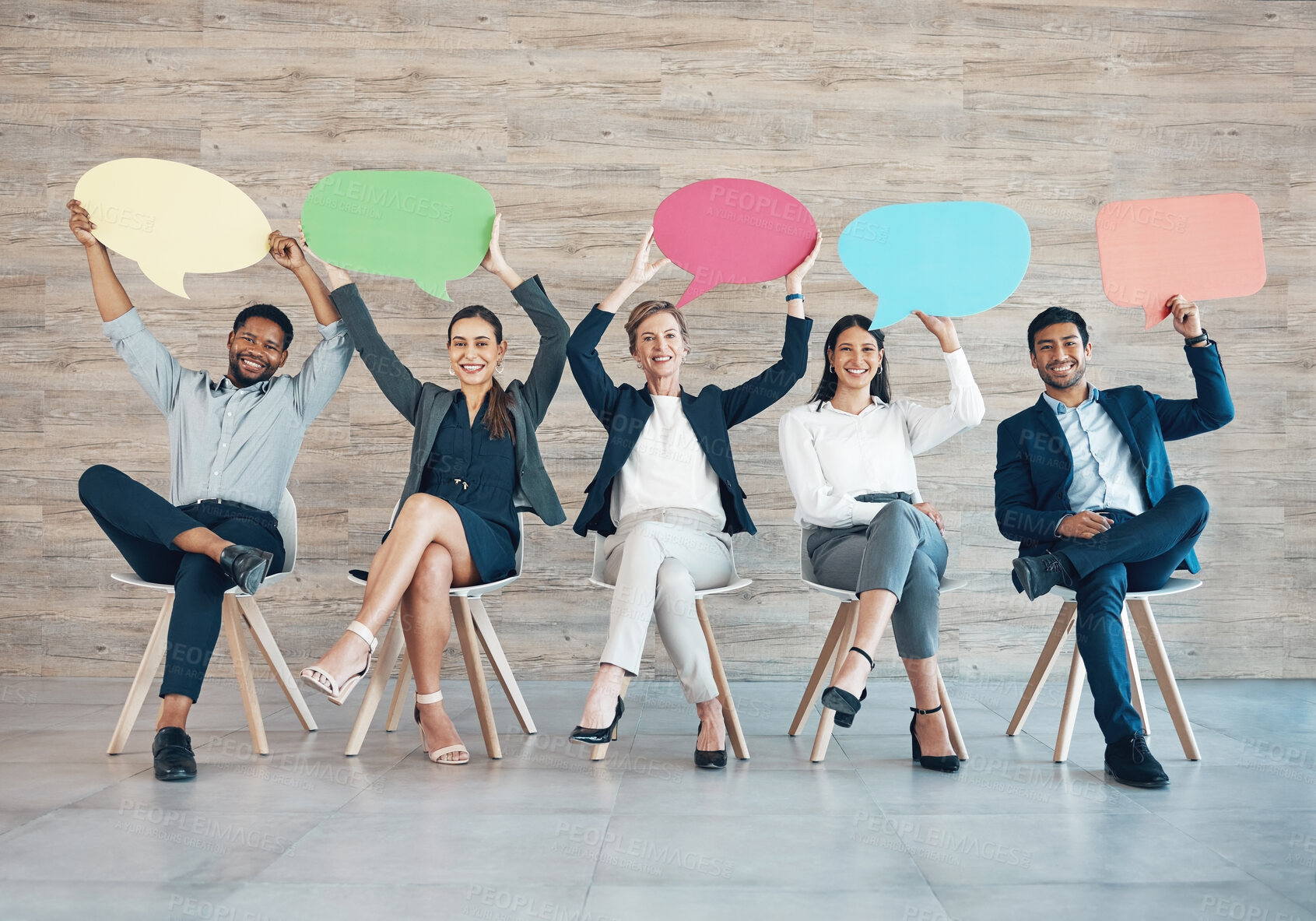 Buy stock photo Speech bubble, portrait and group of business people in office with mockup space for recruitment. Waiting, interview and corporate hiring candidates with board for career opportunity and social media