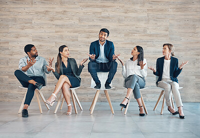 Buy stock photo Employees, questions or hands for recruitment with success in interview, choice for onboarding in office. Group, row or corporate company with staff diversity for human resource, confident for job