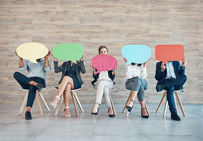 Buy stock photo Speech bubble, interview and group of business people in office with mockup space for recruitment. Line, waiting and corporate hiring candidates with board or sign for career opportunity in workplace