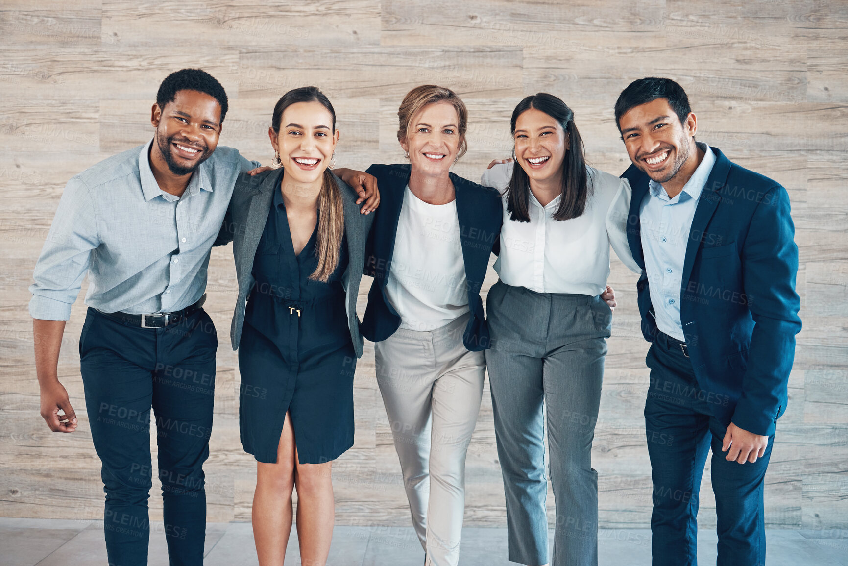 Buy stock photo Business people, portrait and teamwork with hug for diversity for internship, candidates or opportunity. Group, about us and pride for job, company or training as accounting consultant in mentorship