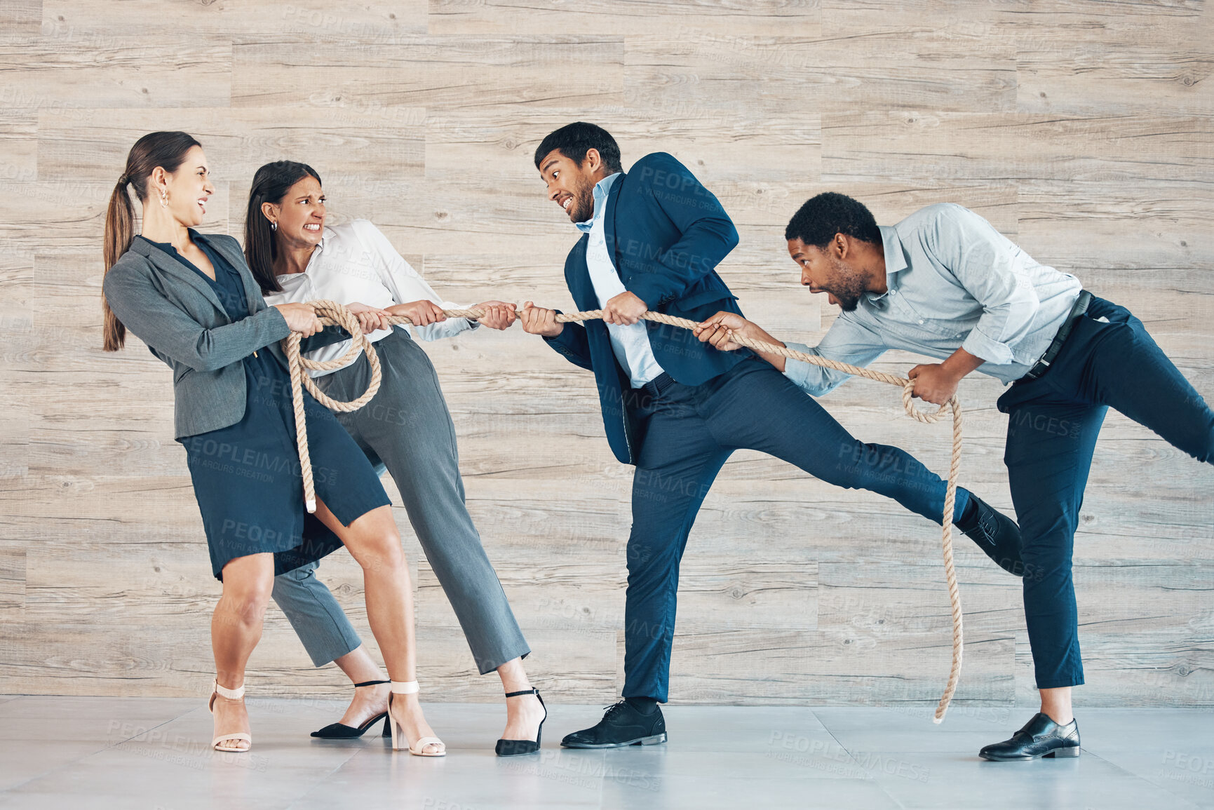 Buy stock photo Pull rope, business and people in office for opportunity, recruitment and conflict solution of competition. Frustrated, workers and tug of war with teamwork, power and support of interview challenge 