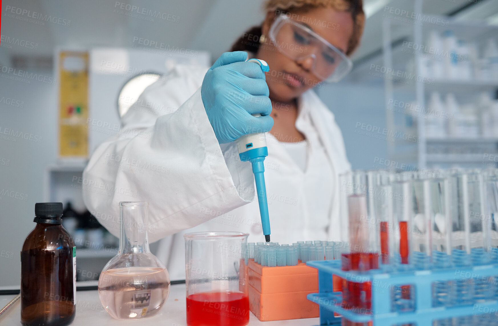 Buy stock photo Scientist, pipette and science in lab for blood test, biotechnology and cancer research development. Black woman, healthcare and chemistry study for stem cell, genes editing and microbiome experiment