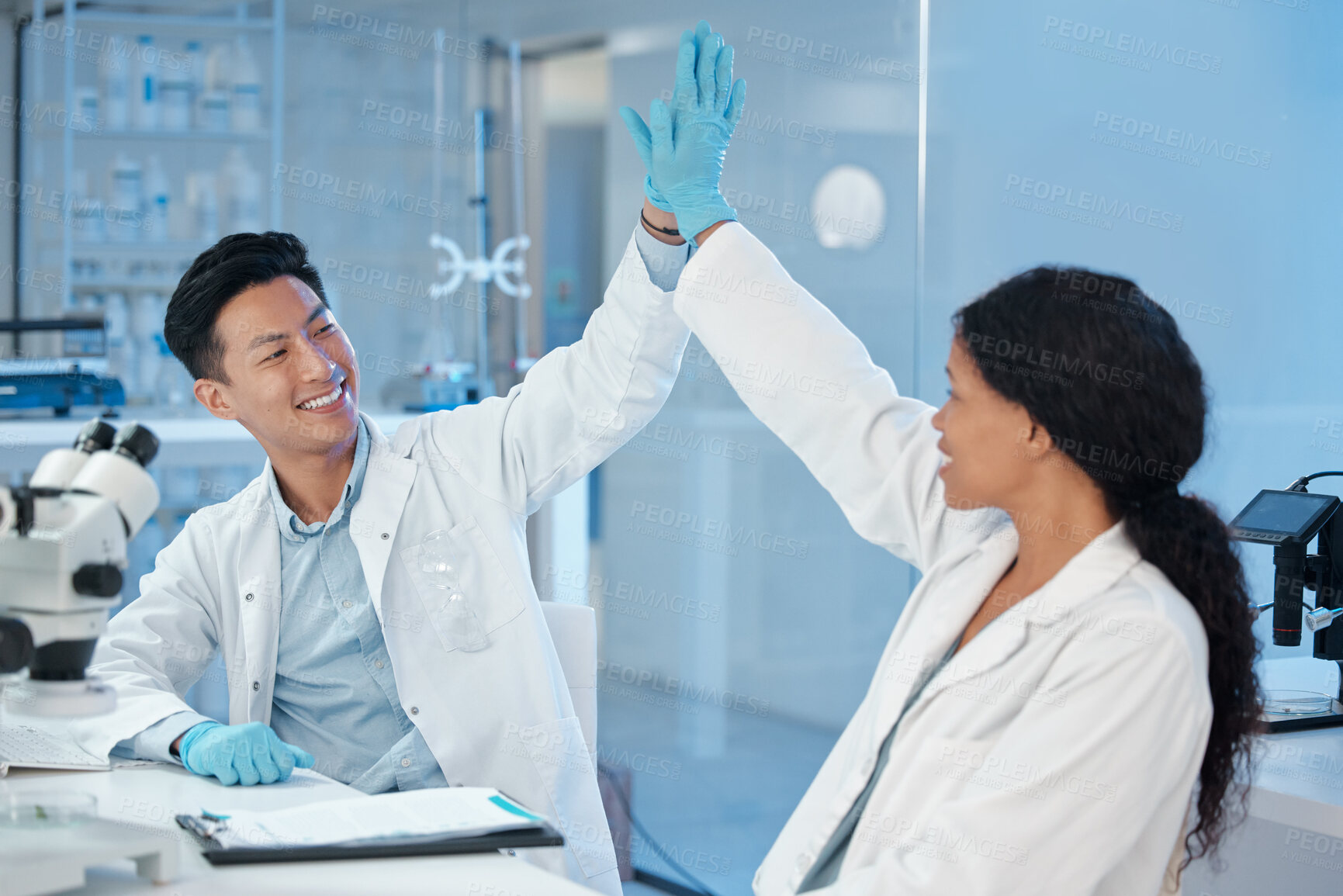 Buy stock photo People, scientist and happy with high five at laboratory for science research success, victory and achievement. Medical, employees and healthcare specialist with smile or excited with teamwork