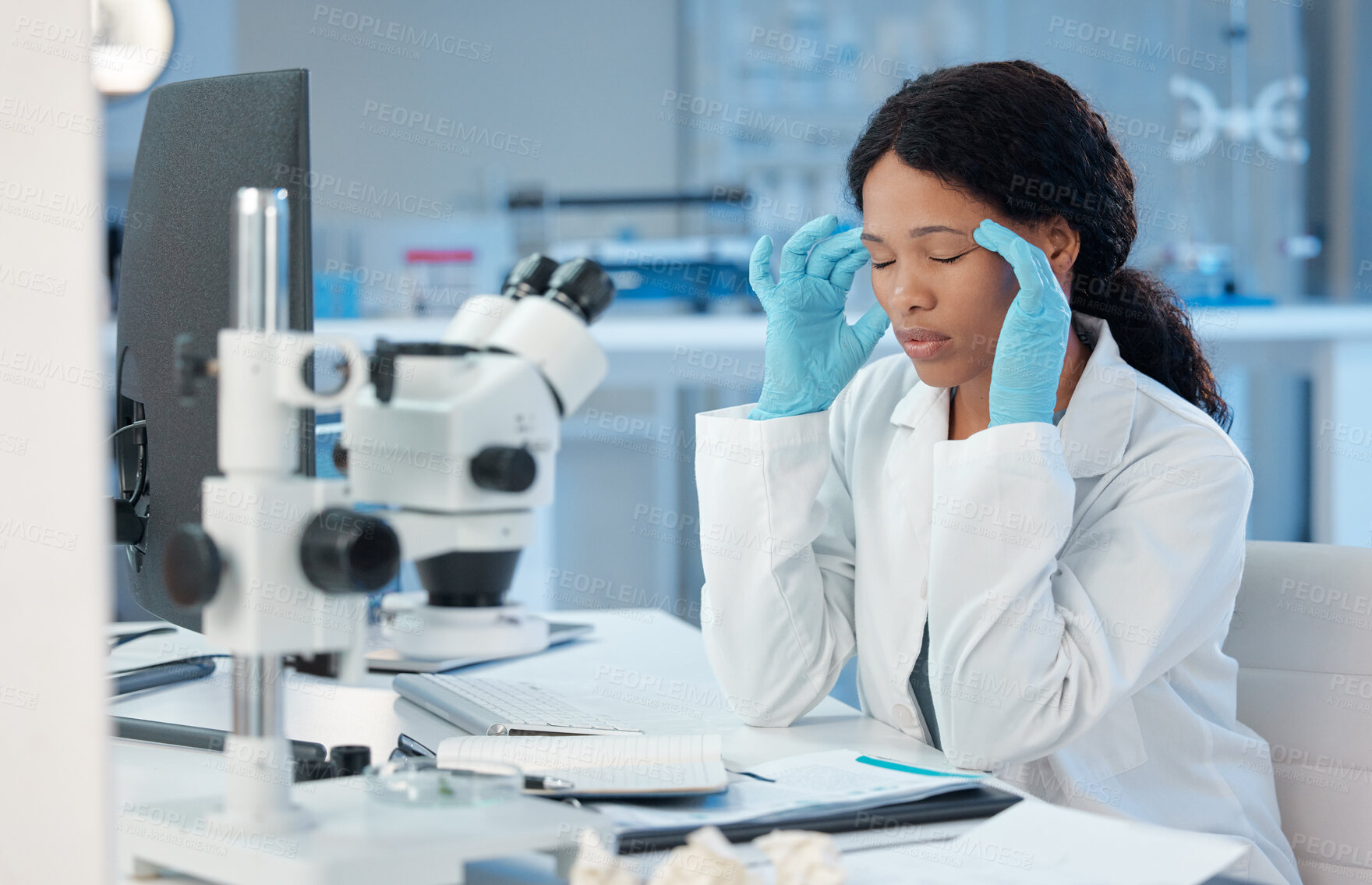 Buy stock photo Headache, stress and science with woman in laboratory for healthcare, medical and research breakthrough. Mpox deadline, anxiety and fatigue with person for medicine, biotechnology and vaccine risk