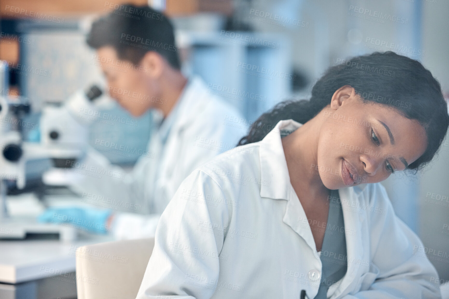 Buy stock photo Research, healthcare and science with woman in laboratory for chemistry, medical and breakthrough. Mpox deadline, pharmacy and study with scientist for medicine, biotechnology and vaccine innovation