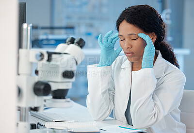 Buy stock photo Headache, frustrated and science with woman in laboratory for healthcare, medical or research breakthrough. Mpox deadline, anxiety and fatigue with person for medicine, biotechnology and vaccine risk