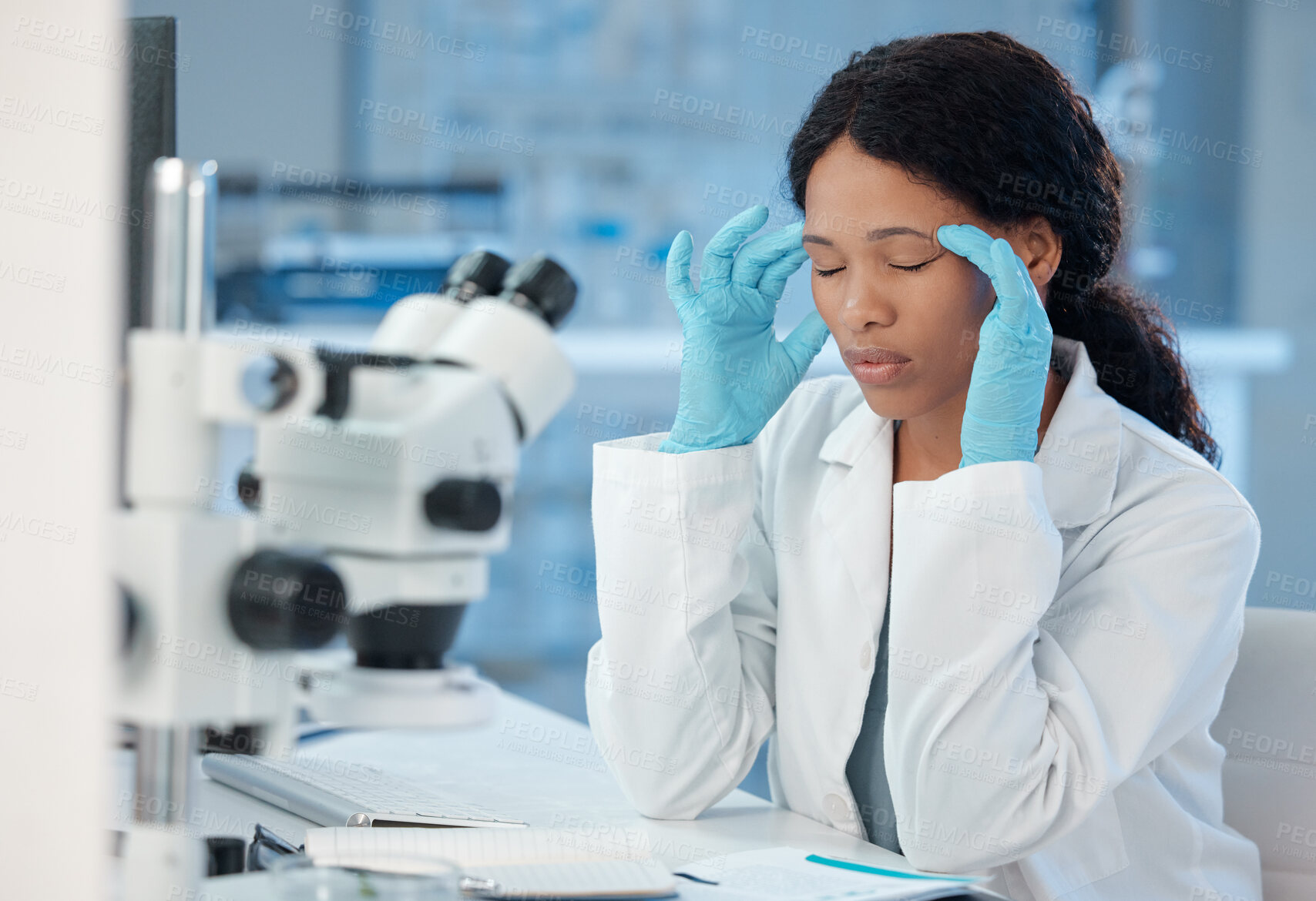 Buy stock photo Headache, frustrated and science with woman in laboratory for healthcare, medical or research breakthrough. Mpox deadline, anxiety and fatigue with person for medicine, biotechnology and vaccine risk