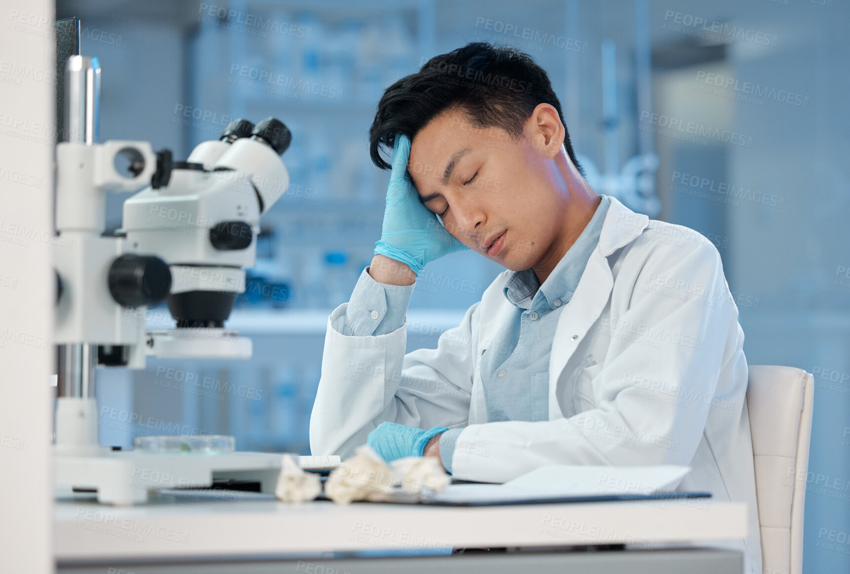 Buy stock photo Headache, stress and science with asian man in laboratory for healthcare, medical and research breakthrough. Mpox deadline, anxiety and fatigue with person for medicine, biotechnology or vaccine risk