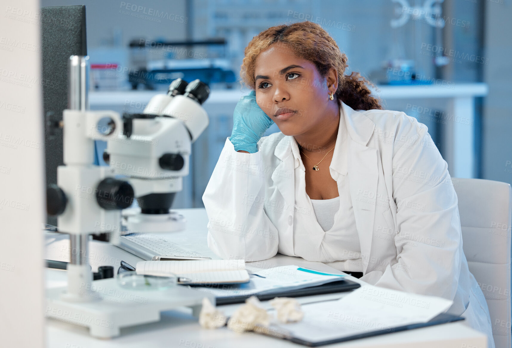 Buy stock photo Thinking, tired and science with woman in laboratory for healthcare, medical and research breakthrough. Mpox deadline, anxiety and fatigue with person for medicine, biotechnology and vaccine risk