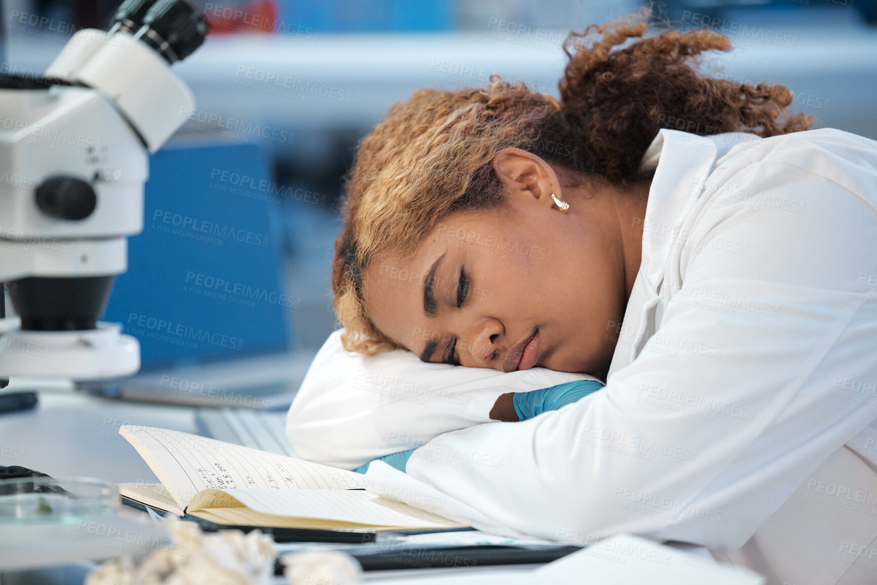 Buy stock photo Sleeping, science and woman with research, tired and experiment with burnout, exhausted and overworked. Person, medical and professional in workplace, napping and dreaming with fatigue in laboratory