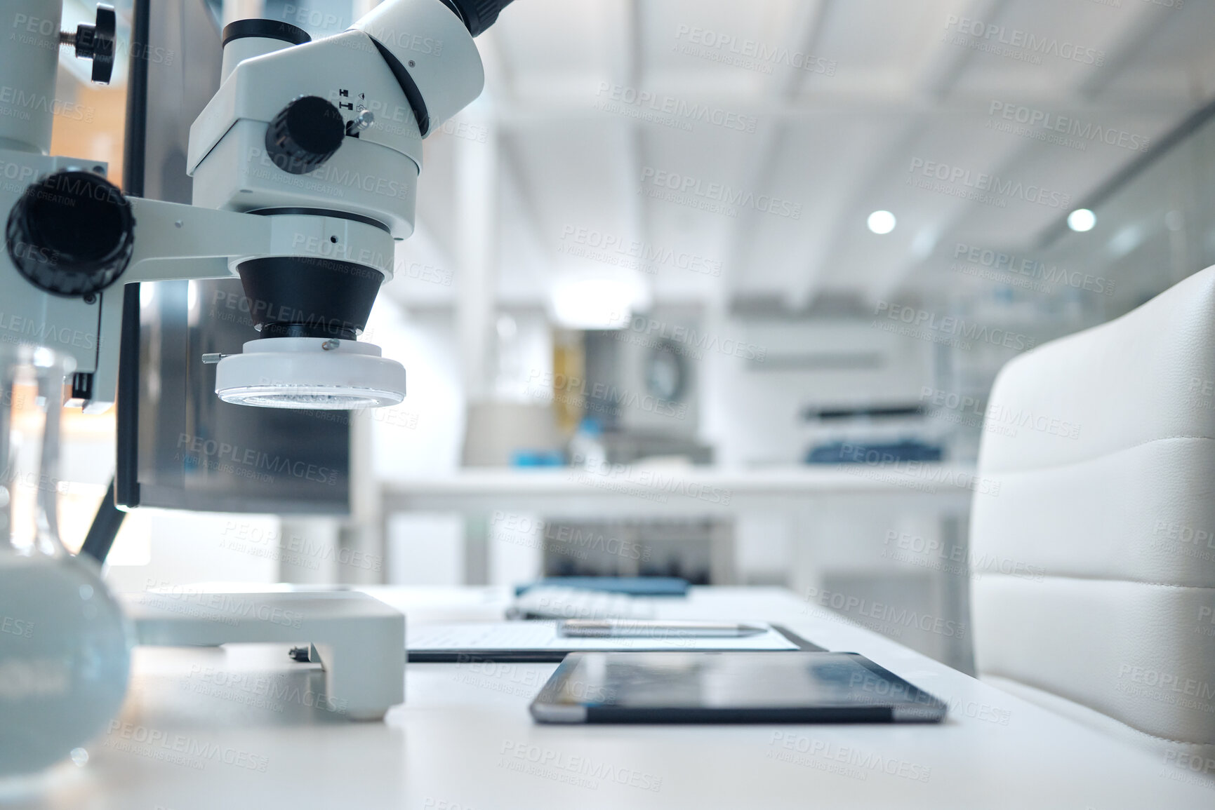 Buy stock photo Science, laboratory and microscope with tablet for research, medical study and vaccine development. Healthcare, biotechnology and desk with digital tech and machine for analytics, experiment and test