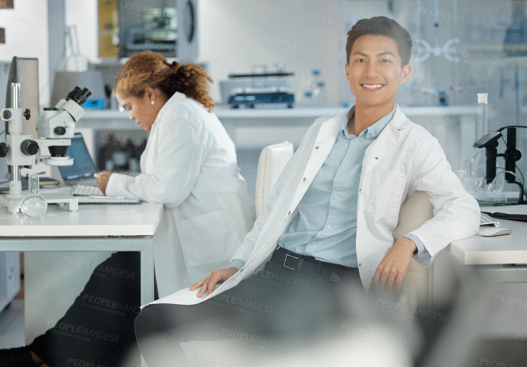 Buy stock photo Smile, science and portrait of man in laboratory for healthcare, medical and research breakthrough. Mpox deadline, pharmacy and study with person for medicine, biotechnology and vaccine innovation