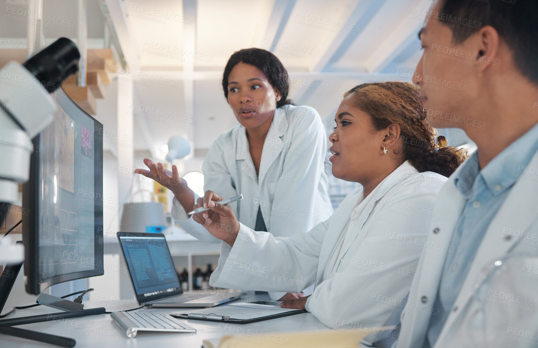 Buy stock photo Computer, science and team of people in laboratory for healthcare, medical and research breakthrough. Mpox deadline, pharmacy and study with group for medicine, biotechnology and vaccine innovation