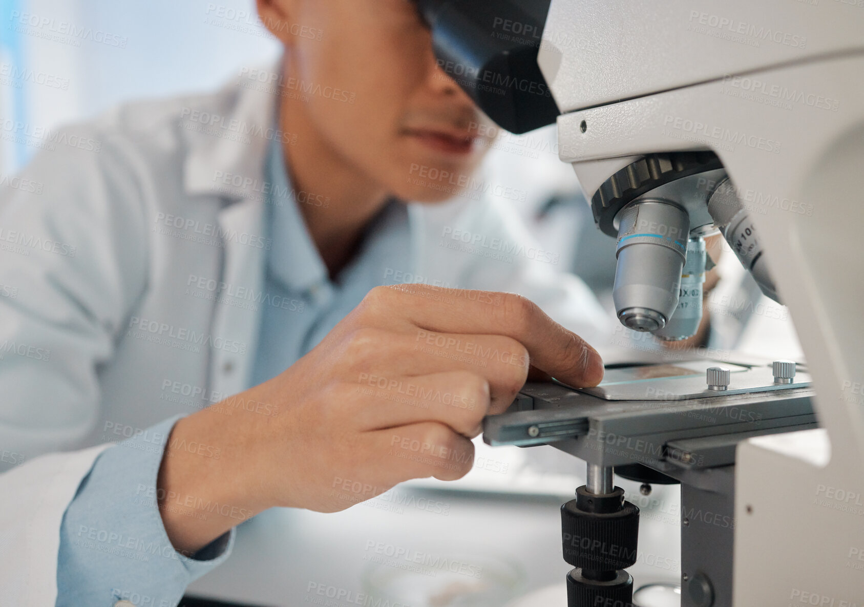 Buy stock photo Man, scientist and microscope at laboratory for scientific research, investigation and trial. Closeup, medical specialist and experiment in microbiology for virus, germs and bacteria for pandemic