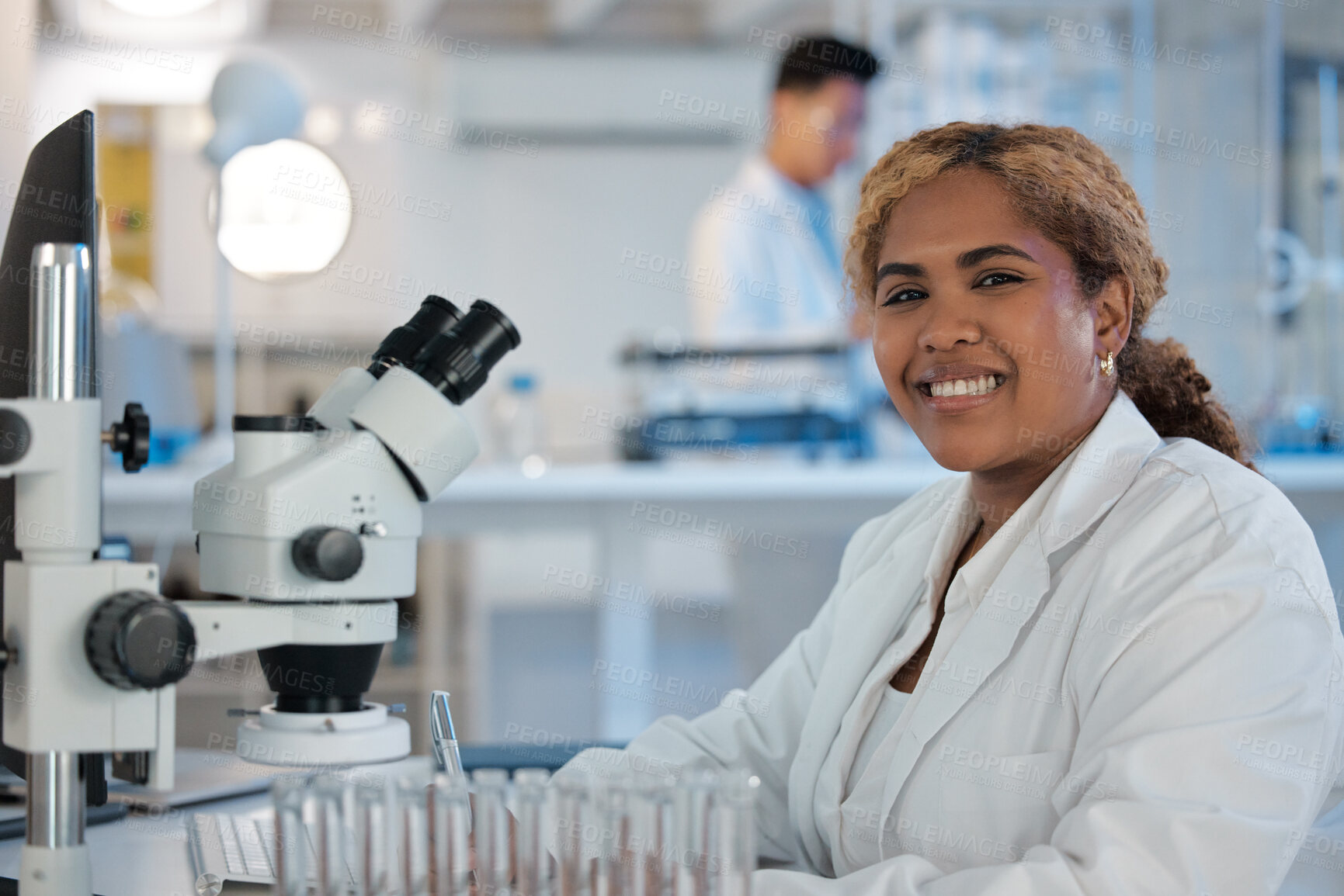 Buy stock photo Portrait, happy and woman in laboratory for science, healthcare or biotechnology at microscope. Medical engineer, smile or tech in research facility for microbiology, vaccine development or chemistry