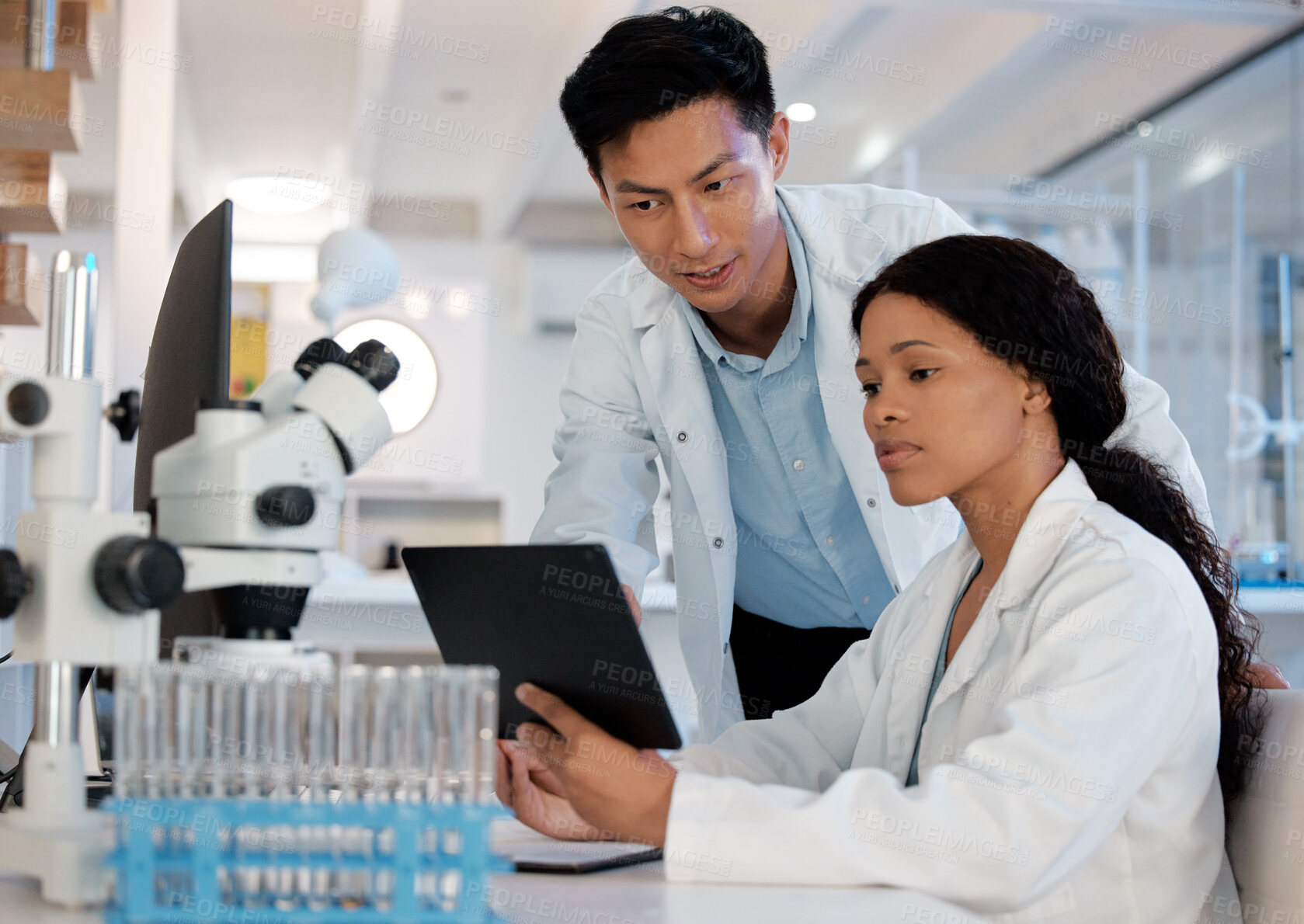 Buy stock photo Scientist, tablet and collaboration in laboratory for research, biotechnology and telehealth development. People, teamwork and healthcare vaccine for stem cell, genes editing or microbiome innovation