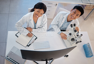 Buy stock photo Portrait, science and team of people in laboratory for healthcare, medical and research breakthrough. Mpox deadline, pharmacy and study with above of scientist for medicine, biotechnology and vaccine