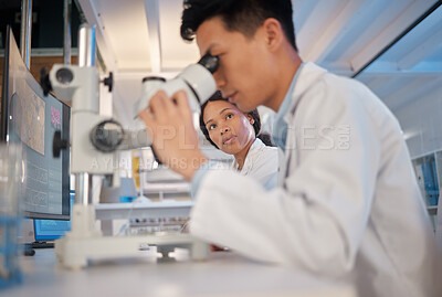 Buy stock photo People, scientist and microscope at laboratory for scientific research and investigation. Employees, medical specialist and experiment in microbiology for virus, germs and bacteria for pandemic