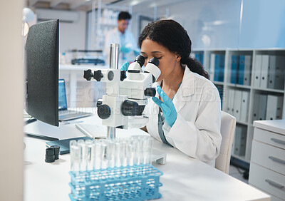 Buy stock photo Science, investigation and microscope with a woman at work in a laboratory for research or innovation. Healthcare, medical and development with a female scientist working in a lab for pharmaceuticals