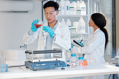 Buy stock photo Scientist, container and collaboration for research, biotechnology or healthcare vaccine development in lab. Teamwork, medicine and blood study for stem cell, genes editing and microbiome innovation