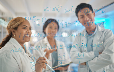 Buy stock photo Shot of a group of lab workers brainstorming ideas