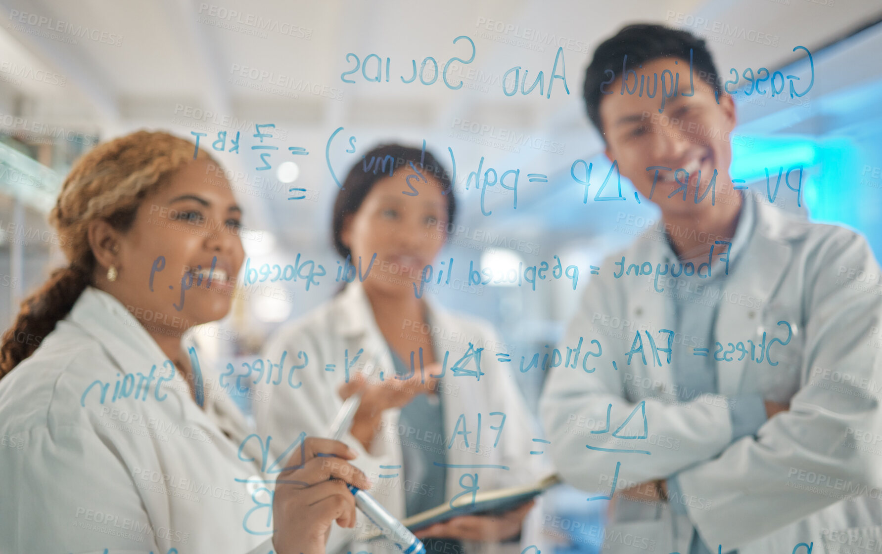 Buy stock photo Writing, healthcare and team of people in laboratory for science, medical and research breakthrough. Mpox deadline, pharmacy and study with scientist and board for medicine, biotechnology and vaccine