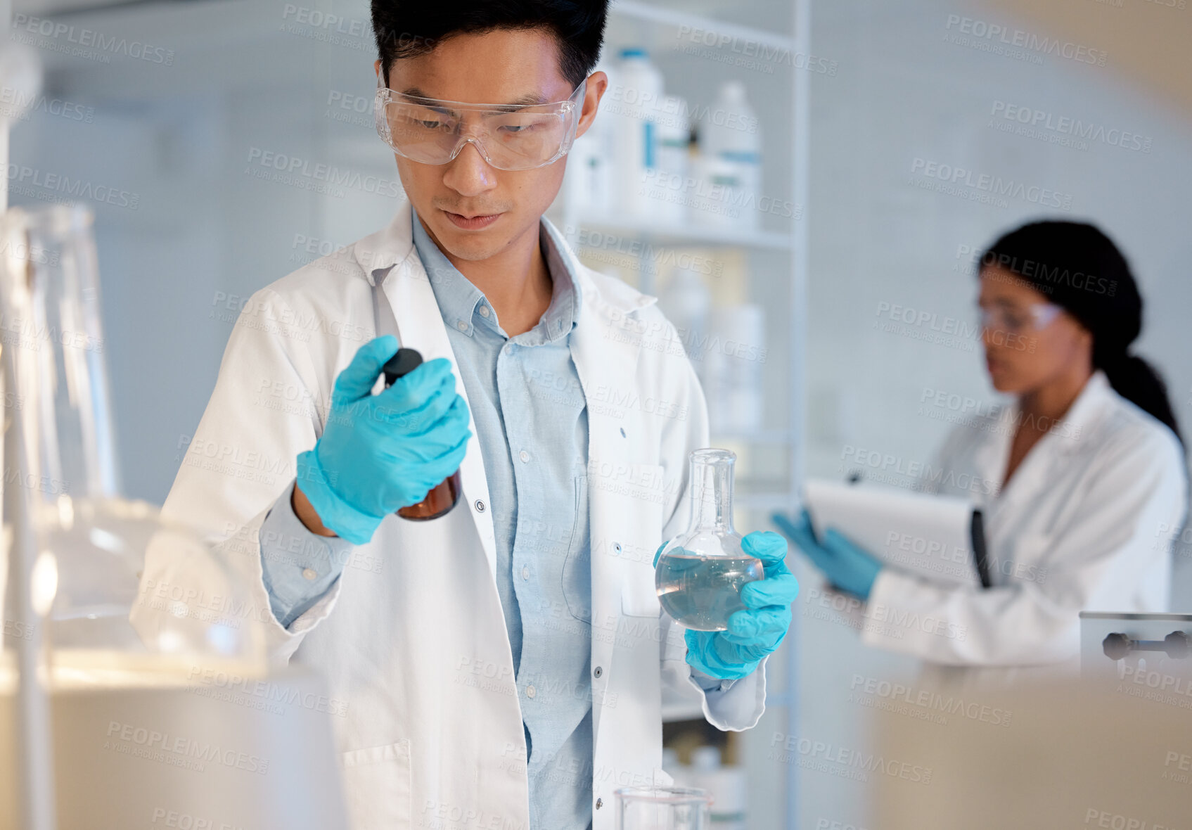 Buy stock photo Chemical, science and thinking with man in laboratory for healthcare, medical and research breakthrough. Mpox deadline, pharmacy and study with person for medicine, biotechnology and vaccine