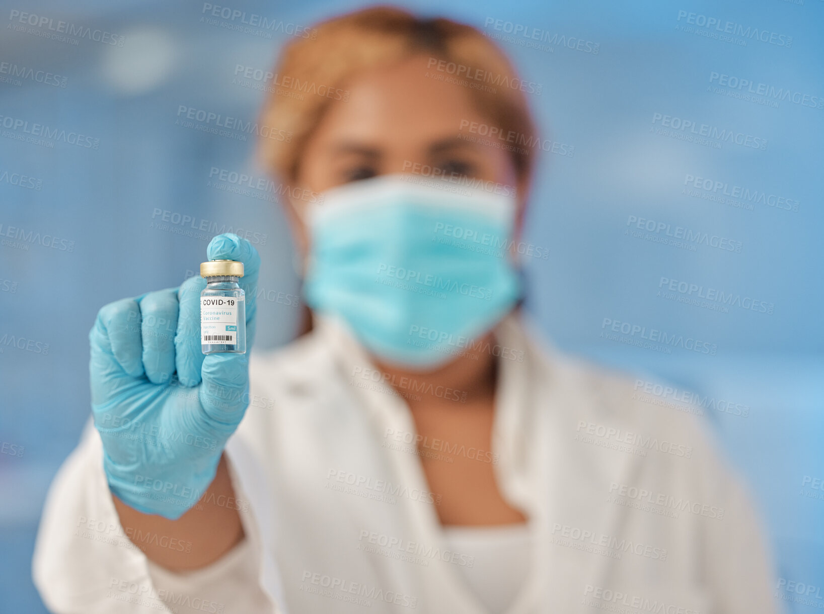 Buy stock photo Woman, hand and scientist with vial on mask in vaccine investigation for decease, virus and pandemic. Female person, laboratory and healthcare specialist with cure on container for monkeypox