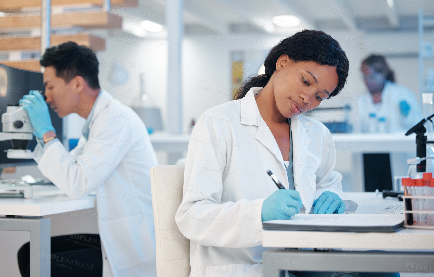 Buy stock photo Science, woman and writing in lab for medicine, vaccine development and bacteria analysis. Expert, medical study or notebook in research facility for chemistry, microbiology or antibiotic engineering