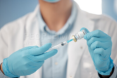 Buy stock photo Man, doctor and hands with vial or syringe for vaccine, cure or medical injection at hospital. Closeup, male person or surgeon with bottle, needle and gloves for new drug or covid vaccination