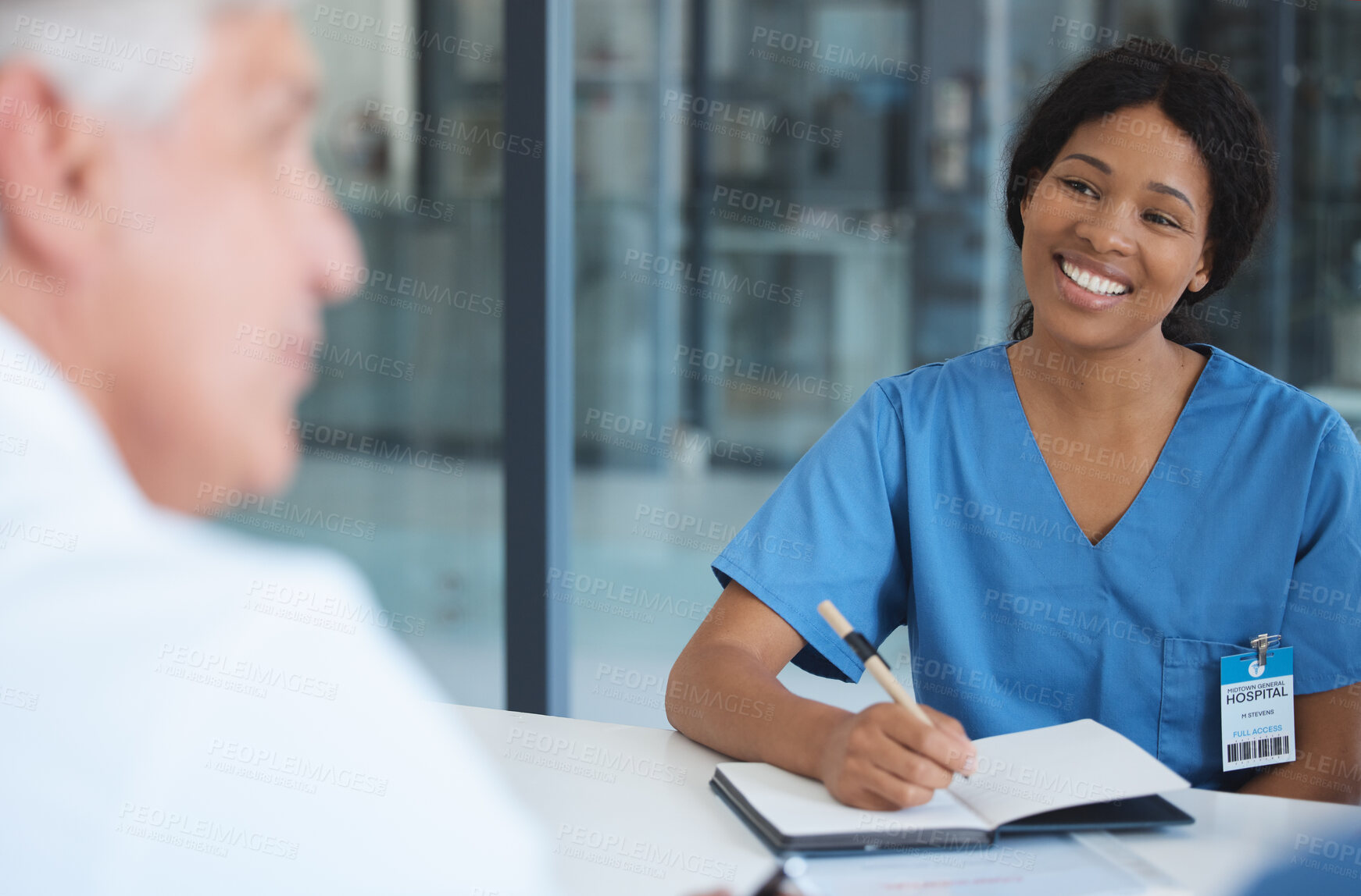 Buy stock photo Medical, team and woman with writing in meeting for healthcare planning, health management or discussion. Doctor, nurse collaboration and people in boardroom for diagnosis treatment and cardiology