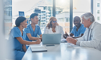 Buy stock photo Medicine, team and people in meeting in office for healthcare planning, health management or diversity. Doctor, nurse collaboration or professionals in boardroom for diagnosis treatment or cardiology