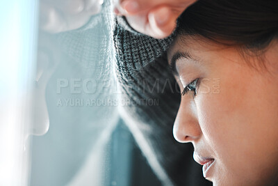 Buy stock photo Mental health, woman and stress at window in home with depression, failure and regret trauma. Hopeless, person and anxiety in house for ptsd, isolation and victim phobia with thinking and wondering