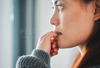 Buy stock photo Shot of a young female experiencing paranoia at home