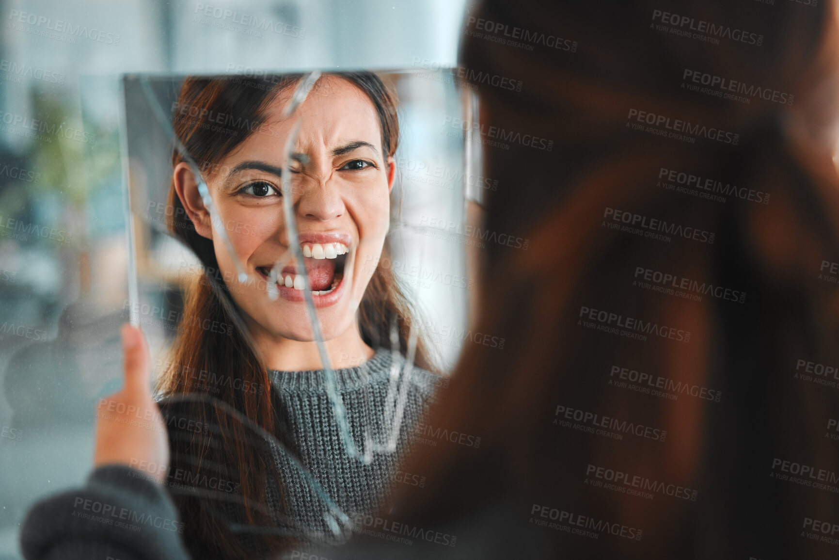 Buy stock photo Mirror, broken and mental health with reflection of woman for bipolar, split identity and anxiety. Stress, psychology and ego with female person at home for fear, danger and schizophrenia crisis