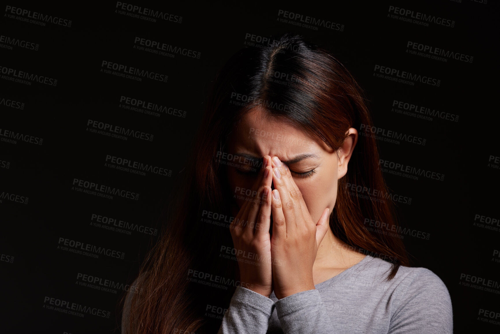 Buy stock photo Sad woman, crying and emotional pain with mockup space for abuse, mental illness or disorder in studio on a black background. Female person, model or psychosis with anxiety, depression or stress